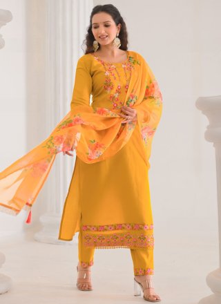 Yellow Chanderi Silk Embroidered Work Salwar Suit for Festival