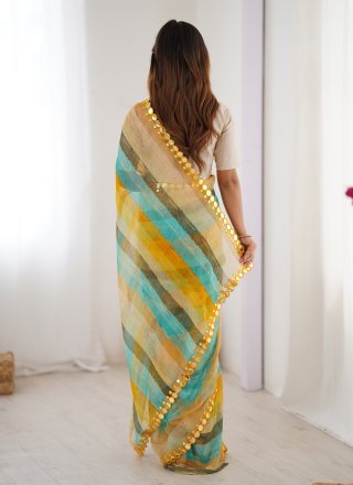 Yellow Chiffon Classic Saree with Cut, Mirror and Print Work