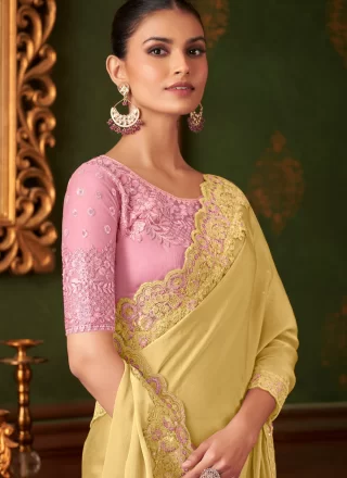Yellow Chiffon Patch Border, Embroidered and Sequins Work Classic Sari for Ceremonial