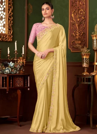 Yellow Chiffon Patch Border, Embroidered and Sequins Work Classic Sari for Ceremonial