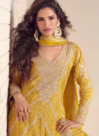 Yellow Chinon Digital Print, Embroidered, Sequins and Zari Work Palazzo Salwar Suit for Festival
