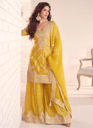 Yellow Chinon Digital Print, Embroidered, Sequins and Zari Work Palazzo Salwar Suit for Festival