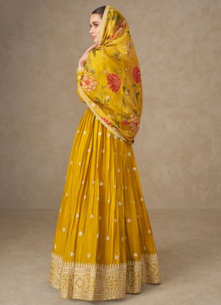 Yellow Chinon Embroidered and Resham Work  Designer Gown
