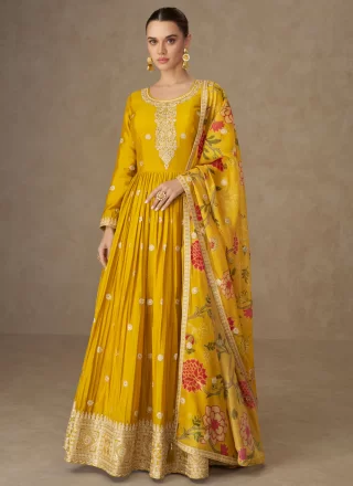 Yellow Chinon Embroidered and Resham Work  Designer Gown