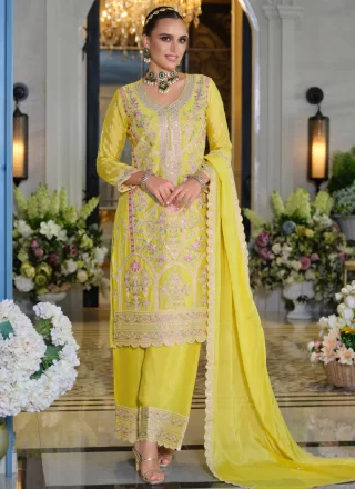 Yellow Chinon Embroidered and Resham Work Palazzo Salwar Suit