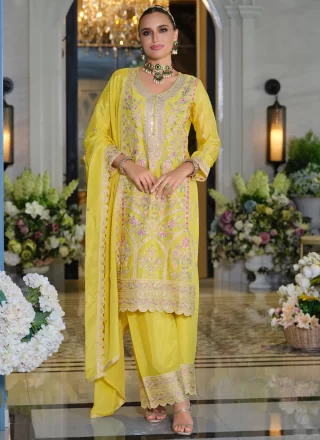 Yellow Chinon Embroidered and Resham Work Palazzo Salwar Suit