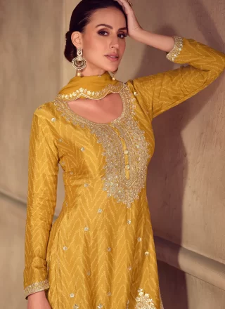 Yellow Chinon Embroidered, Print, Sequins and Zari Work Salwar Suit for Reception