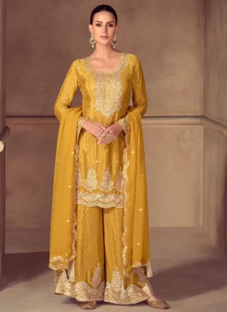 Yellow Chinon Embroidered, Print, Sequins and Zari Work Salwar Suit for Reception