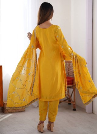 Yellow Chinon Embroidered, Sequins and Zari Work Readymade Salwar Suit