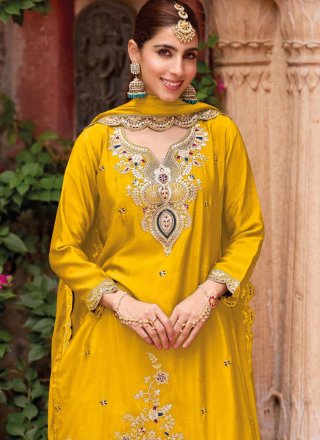 Yellow Chinon Embroidered, Sequins and Zari Work Salwar Suit for Party