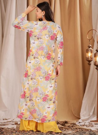 Yellow Chinon Mirror, Print and Thread Work Salwar Suit