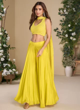 Yellow Chinon Palazzo Salwar Suit 