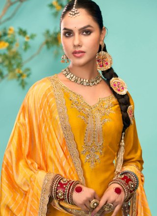 Yellow Chinon Readymade Salwar Suit with Embroidered and Zari Work