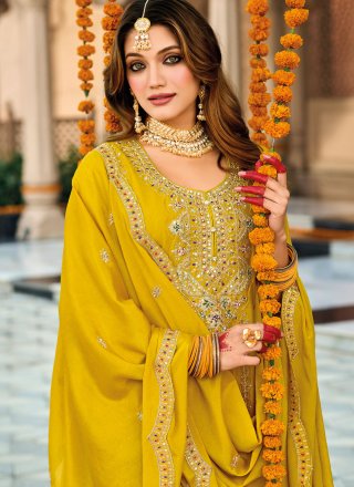Yellow Chinon Readymade Salwar Suit with Embroidered, Sequins and Zari Work