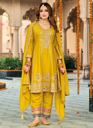 Yellow Chinon Readymade Salwar Suit with Embroidered, Sequins and Zari Work