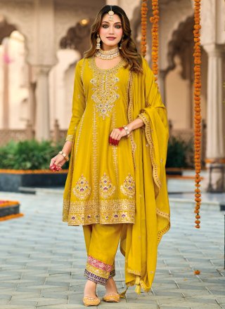 Yellow Chinon Readymade Salwar Suit with Embroidered, Sequins and Zari Work