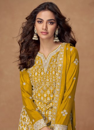 Yellow Chinon Salwar Suit with Embroidered and Zari Work