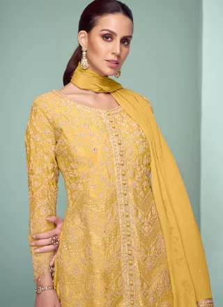 Yellow Chinon Salwar Suit with Embroidered, Sequins and Zari Work