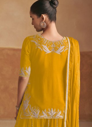 Yellow Chinon Salwar Suit with Embroidered Work