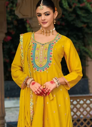 Yellow Chinon Sharara Set with Embroidered, Sequins and Zari Work