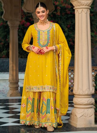 Yellow Chinon Sharara Set with Embroidered, Sequins and Zari Work