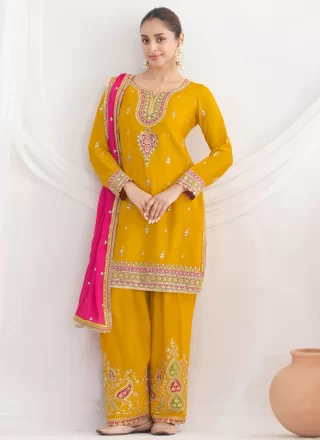 Yellow Chinon Straight Salwar Suit with Embroidered, Mirror, Sequins and Zari Work for Women