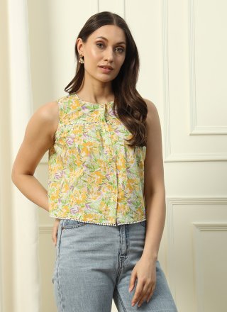 Yellow Cotton Casual Kurti with Print Work