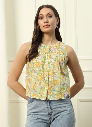 Yellow Cotton Casual Kurti with Print Work