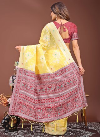 Yellow Cotton Contemporary Saree with Print Work