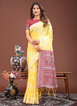 Yellow Cotton Contemporary Saree with Print Work
