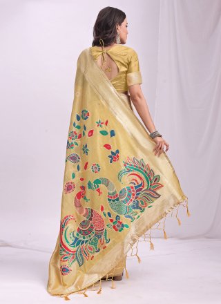 Yellow Cotton Contemporary Saree with Print Work