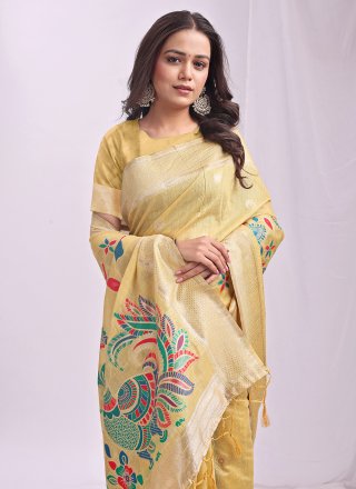 Yellow Cotton Contemporary Saree with Print Work