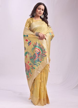 Yellow Cotton Contemporary Saree with Print Work