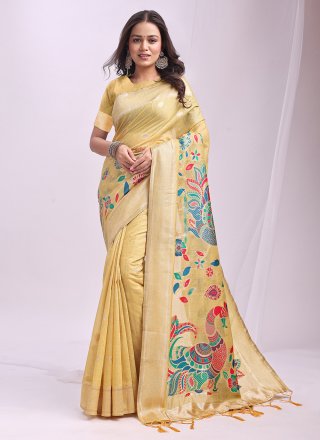 Yellow Cotton Contemporary Saree with Print Work