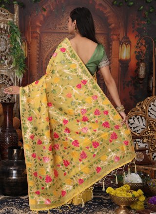 Yellow Cotton Contemporary Sari with Woven Work