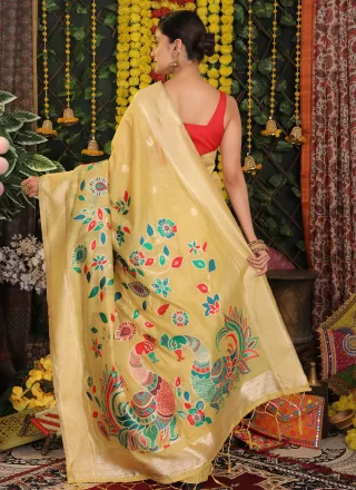 Yellow Cotton Embroidered and Thread Work Classic Saree for Casual