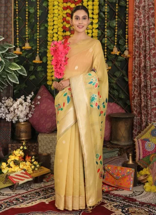 Yellow Cotton Embroidered and Thread Work Classic Saree for Casual