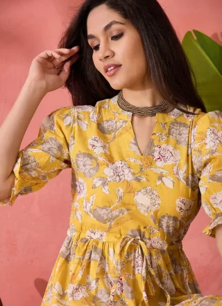 Yellow Cotton Floral Patch Work Casual Kurti for Casual