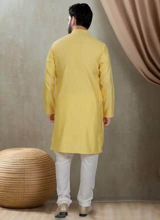 Yellow Cotton Kurta Pyjama In Plain