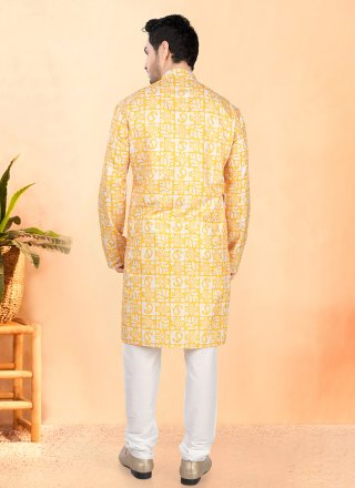 Yellow Cotton Kurta Pyjama with Foil Print Work for Ceremonial