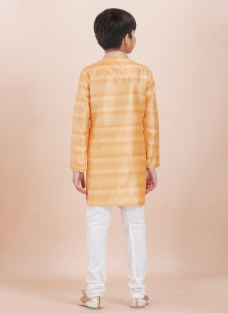 Yellow Cotton Kurta Pyjama with Jacquard Work for Kid