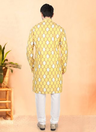 Yellow Cotton Kurta Pyjama with Sequins and Thread Work
