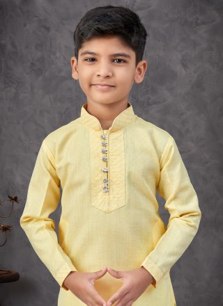 Yellow Cotton Kurta Pyjama with Thread Work for Kid