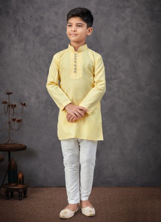 Yellow Cotton Kurta Pyjama with Thread Work for Kid