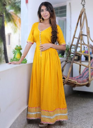 Yellow Cotton Lace Work Salwar Suit for Ceremonial