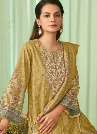 Yellow Cotton Lawn Salwar Suit with Digital Print, Embroidered and Resham Thread Work