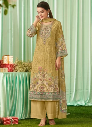 Yellow Cotton Lawn Salwar Suit with Digital Print, Embroidered and Resham Thread Work