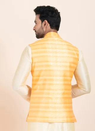 Yellow Cotton Nehru Jackets with Jacquard Work