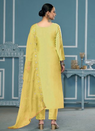 Yellow Cotton Pant Style Suit with Embroidered and Hand Work