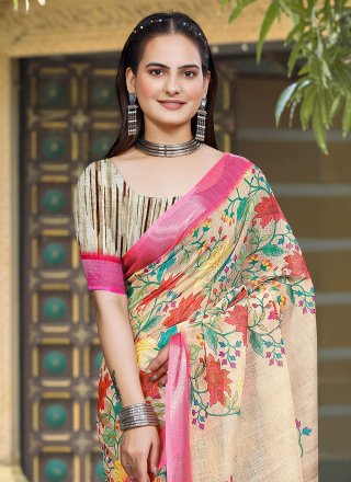 Yellow Cotton Patch Border, Digital Print and Woven Work Trendy Saree